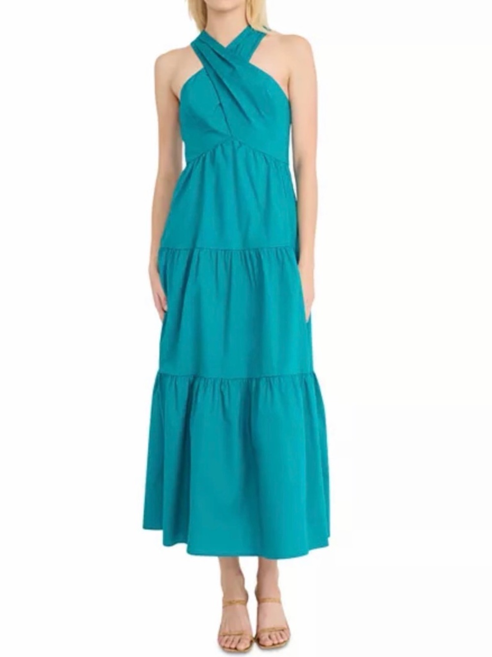Donna Morgan Halter Tiered Maxi Dress, Sz 10, Blue Grass, NWT